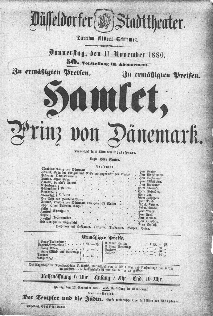 Kopie eines Theaterzettels zu "Hamlet" von William Shakespeare. Aufführung m 11. November 1880  ...