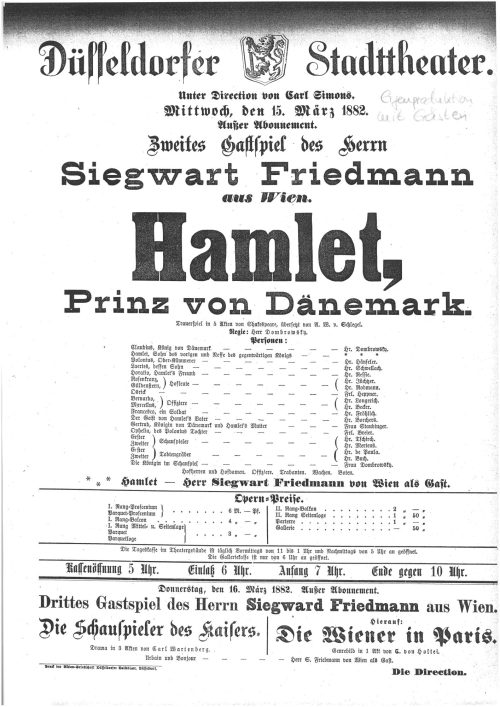 Kopie eines Theaterzettels zu "Hamlet" von William Shakespeare. Aufführung am 15. März 1882 im  ...