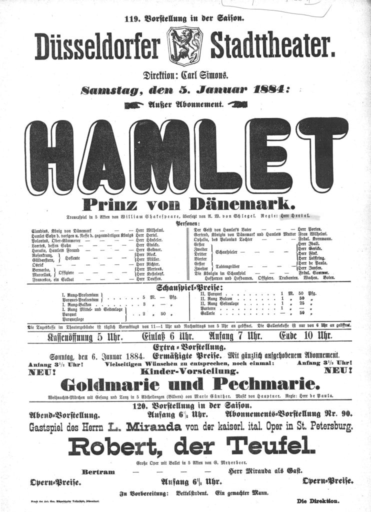 Kopie eines Theaterzettels zu "Hamlet" von William Shakespeare. Aufführung am 5. Januar 1884 im ...