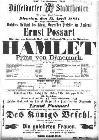 Kopie eines Theaterzettels zu "Hamlet" von William Shakespeare. Aufführung am 15. April 1884 im ...