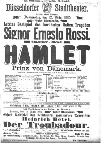 Kopie eines Theaterzettels zu "Hamlet" von William Shakespeare. Aufführung am 12. März 1885 im  ...