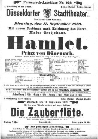 Kopie eines Theaterzettels zu "Hamlet" von William Shakespeare. Aufführung am 17- September 188 ...