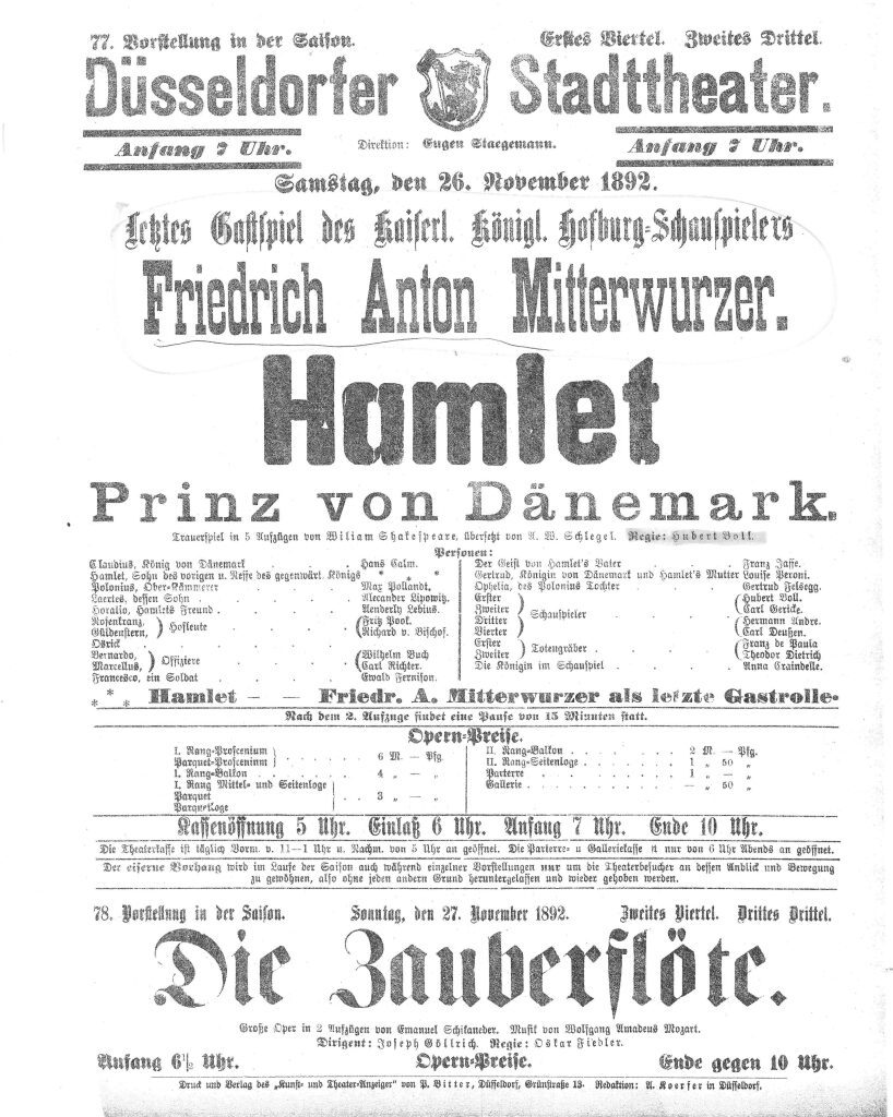 Kopie eines Theaterzettels zu "Hamlet" von William Shakespeare. Aufführung am 26. November 1892 ...