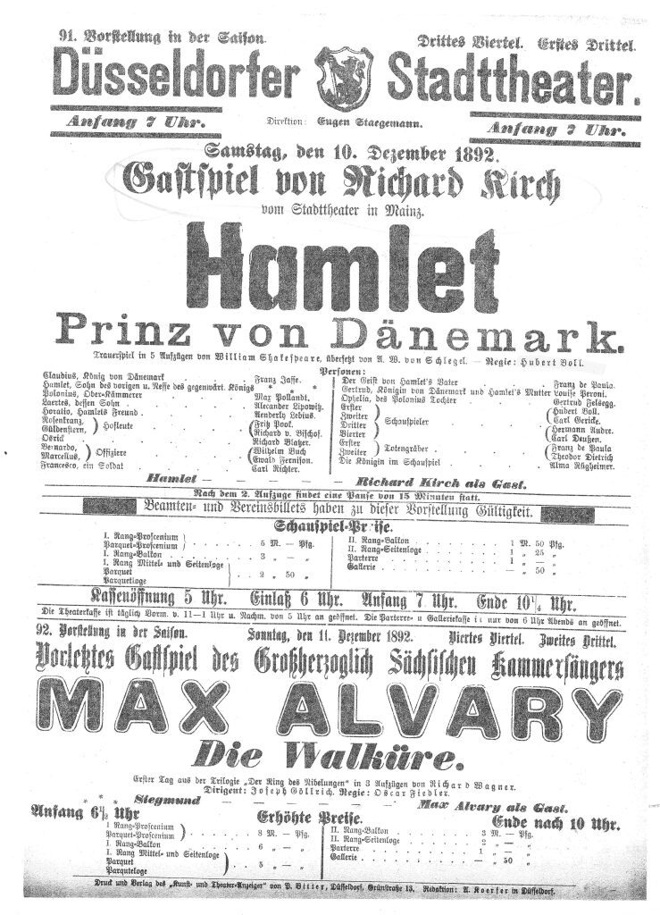Kopie eines Theaterzettels zu "Hamlet" von William Shakespeare. Aufführung am 10. Dezember 1892 ...