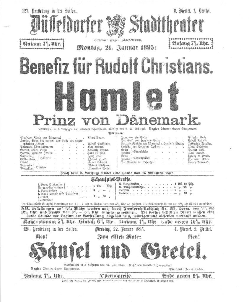 Kopie eines Theaterzettels zu "Hamlet" von William Shakespeare. Aufführung am 21. Januar 1895 i ...