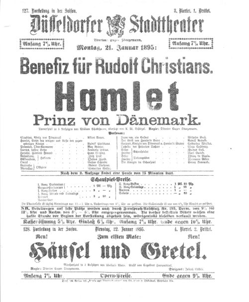 Kopie eines Theaterzettels zu "Hamlet" von William Shakespeare. Aufführung am 21. Januar 1895 i ...