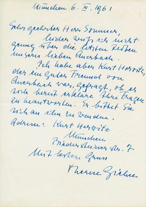 Brief von Therese Giehse an Heinz Erich Sommer