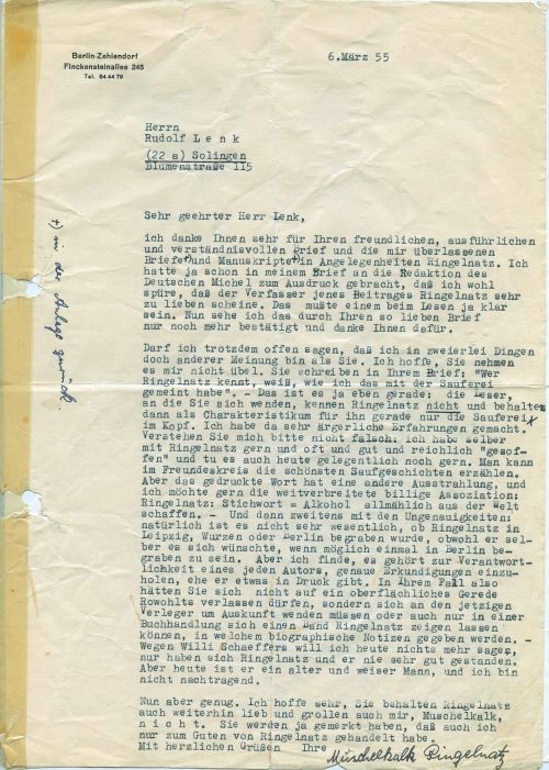 Brief von Muschelkalk Ringelnatz an Rudolf Lenk, 1955