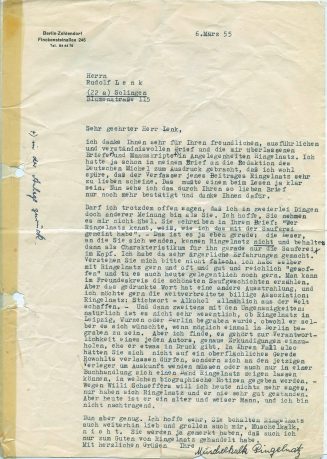 Brief von Muschelkalk Ringelnatz an Rudolf Lenk, 1955