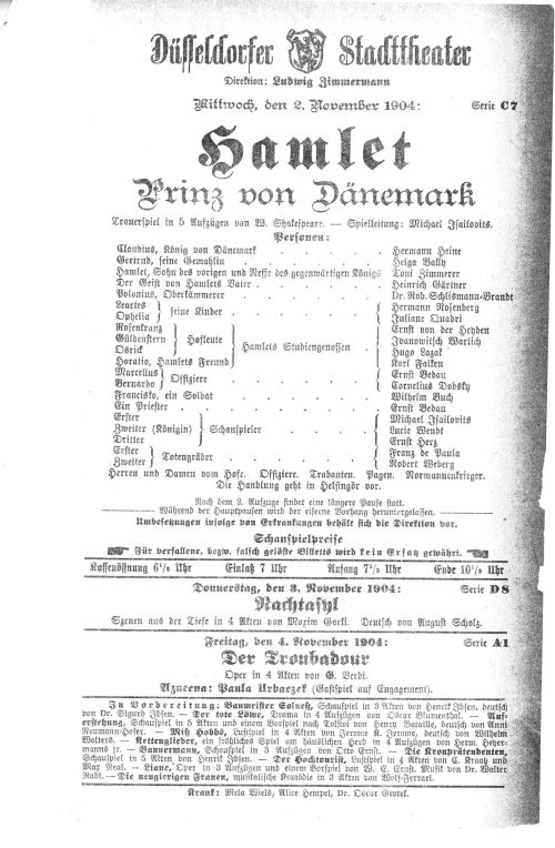 Kopie eines Theaterzettels zu "Hamlet" von William Shakespeare. Aufführung am 2. November 1904  ...