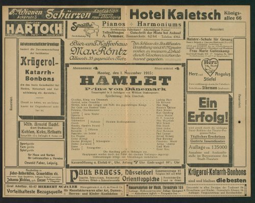 Theaterzettel zu "Hamlet" von William Shakespeare. Aufführung am 1. November 1915 im Düsseldorf ...