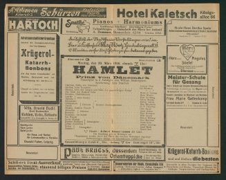 Theaterzettel zu "Hamlet" von William Shakespeare. Aufführung am 20.März 1916 im Düsseldorfer S ...