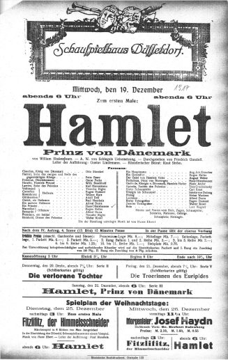 Kopie eines Theaterzettels zu "Hamlet" von William Shakekspeare. Aufführung am 19. Dezember 191 ...