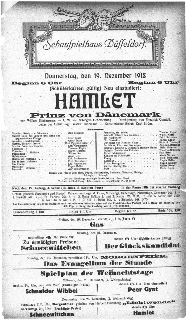 Kopie eines Theaterzettels zu "Hamlet" von William Shakespeare. Aufführung am 19.12.1918 im Sch ...