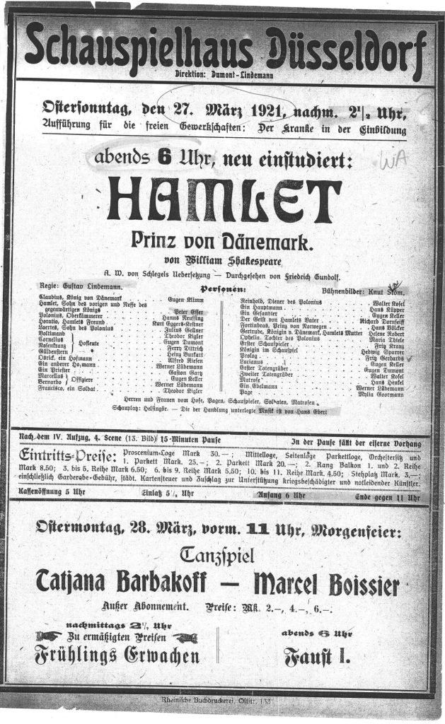 Kopie eines Theaterzettels zu "Hamlet" von William Shakespeare. Aufführung am 27. März 1921 im  ...