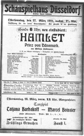 Kopie eines Theaterzettels zu "Hamlet" von William Shakespeare. Aufführung am 27. März 1921 im  ...