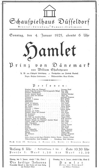 Kopie eines Theaterzettels zu "Hamlet" von William Shakespeare. Aufführung am 4. Januar 1925 im ...