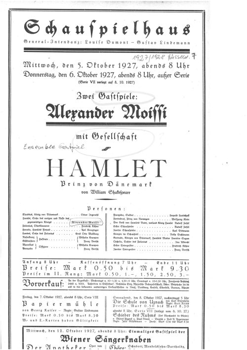 Kopie eines Theaterzettels zu "Hamlet" von William Shakespeare. Aufführung am 5. und 6. Oktober ...