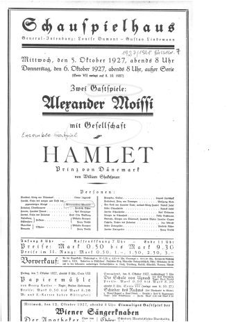 Kopie eines Theaterzettels zu "Hamlet" von William Shakespeare. Aufführung am 5. und 6. Oktober ...