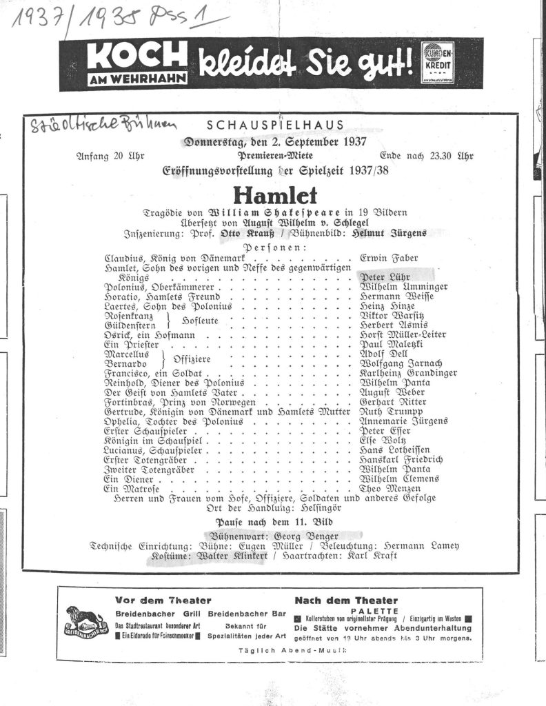 Kopie eines Theaterzettels zu "Hamlet" von William Shakespeare. Aufführung am 2. September 1937 ...