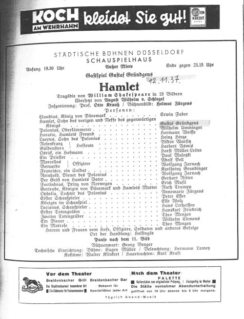 Kopie eines Theaterzettels zu "Hamlet" von William Shakespeare. Aufführung am 12.11.1937 an den ...