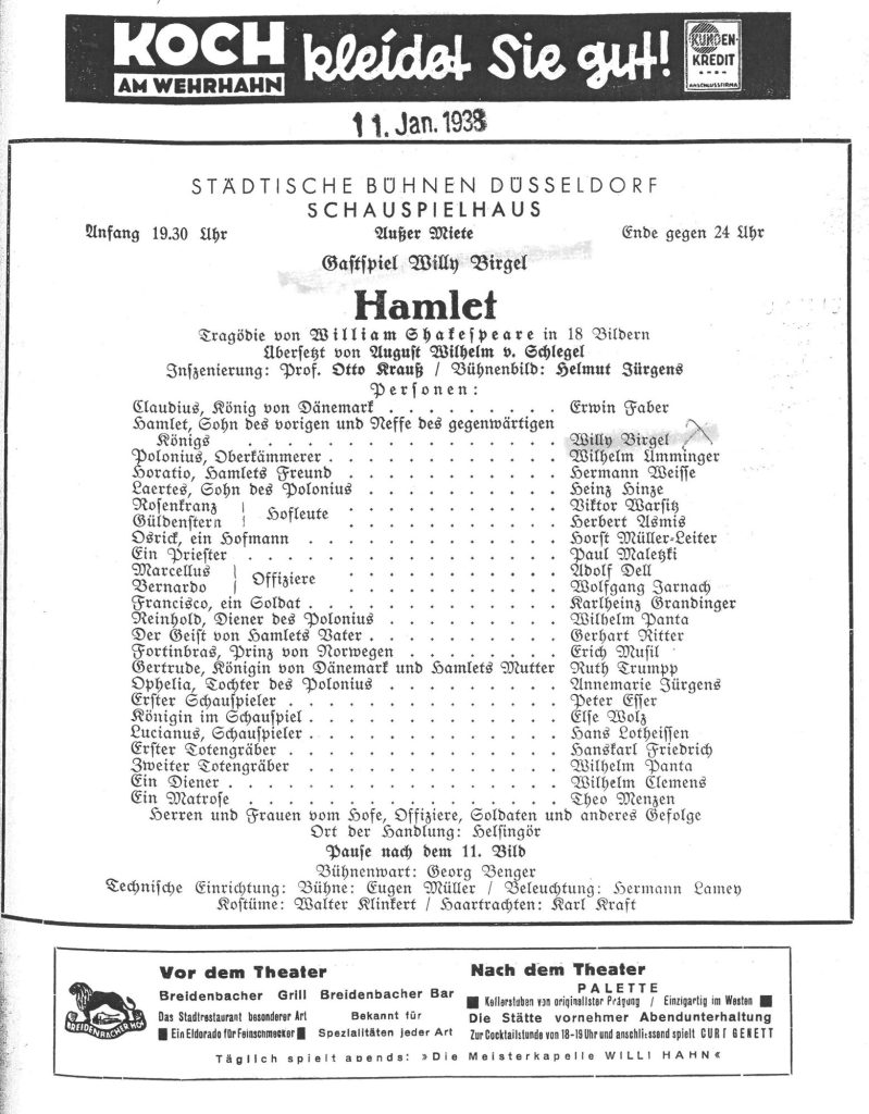 Kopie eines Theaterzettels zu "Hamlet" von William Shakespeare. Aufführung am 11.1.1938 an den  ...