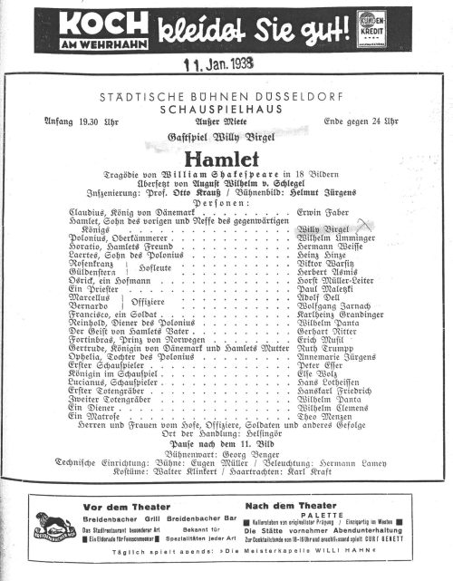 Kopie eines Theaterzettels zu "Hamlet" von William Shakespeare. Aufführung am 11.1.1938 an den  ...