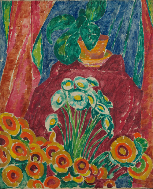 Walter Ophey (Künstler*in), Stilleben mit Blumentopf auf rotem Tuch, 1913–1914