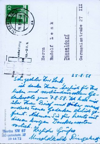 Postkarte von Muschelkalk Ringelnatz an Rudolf Lenk, 1958