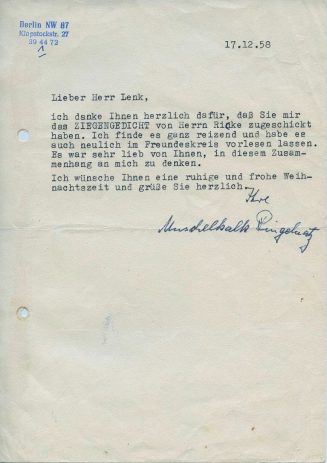 Brief von Muschelkalk Ringelnatz an Rudolf Lenk, 1958