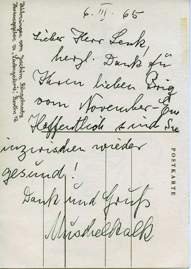 Postkarte von Muschelkalk Ringelnatz an Rudolf Lenk, Rückseite, 1965