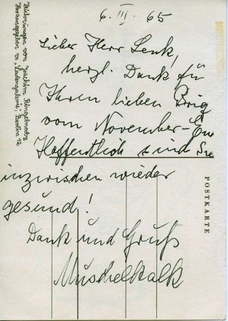 Postkarte von Muschelkalk Ringelnatz an Rudolf Lenk, Rückseite, 1965