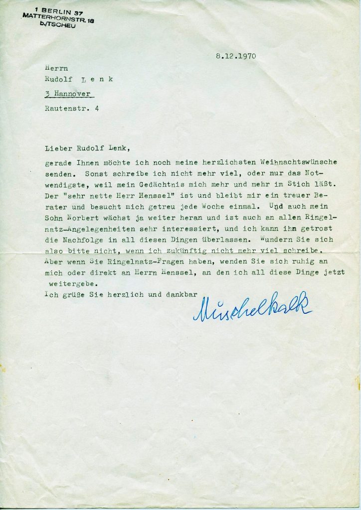 Brief von Muschelkalk Ringelnatz an Rudolf Lenk, 1970