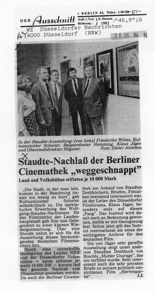 Staudte-Nachlaß der Berliner Cinemathek "weggeschnappt" (WZ 30.6.1984)