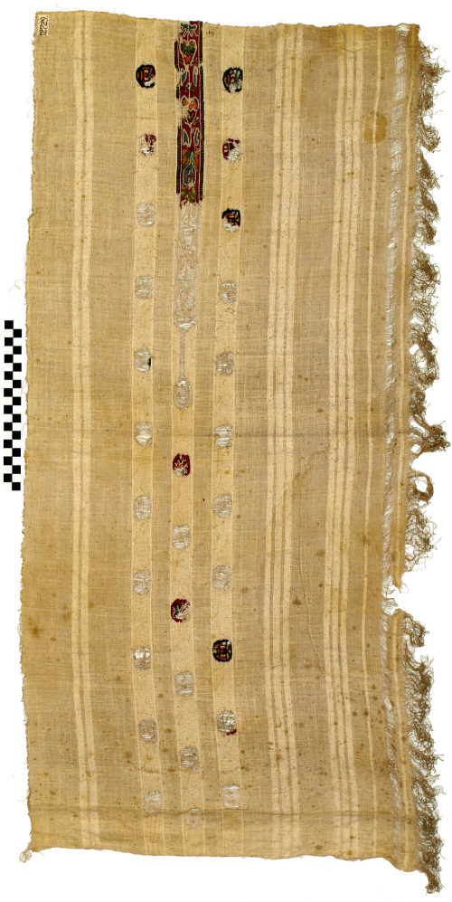 Gewebefragment mit Zierstreifen(fragment) und Streumusterdekor, 3.– 9. Jahrhundert