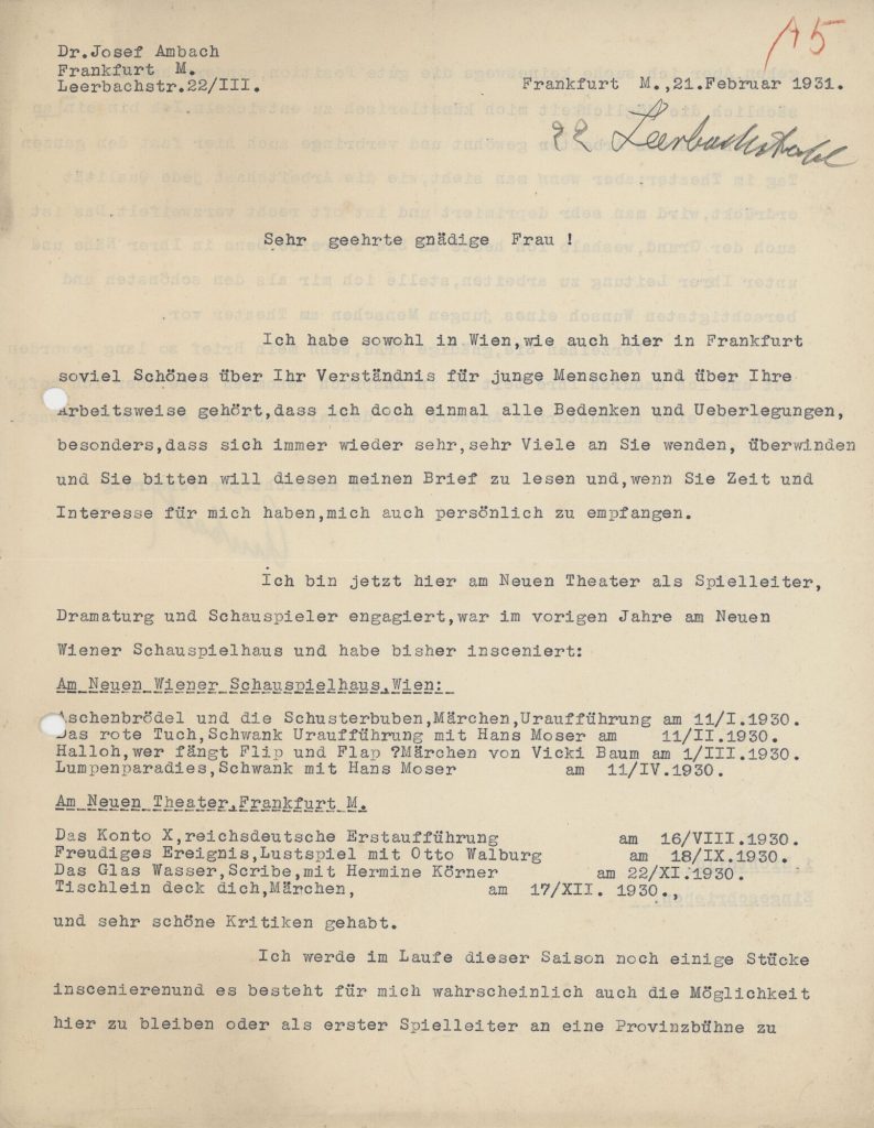 Brief Josef Ambach an Louise Dumont, 21. Februar 1931 (Seite 1)