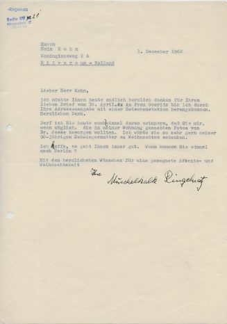 Brief von Muschelkalk Ringelnatz an Hein Kohn, 1962