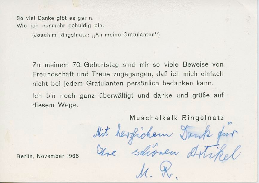 Briefkarte von Muschelkalk Ringelnatz an Hein Kohn, 1968