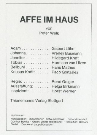 Theaterzettel zu "Affe im Haus" von Peter Welk. Premiere mobil am 29. April 1977, Kindertheater ...