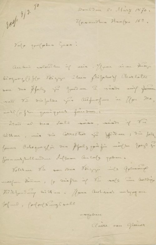 Brief von Claire von Glümer an Unbekannt, 1870