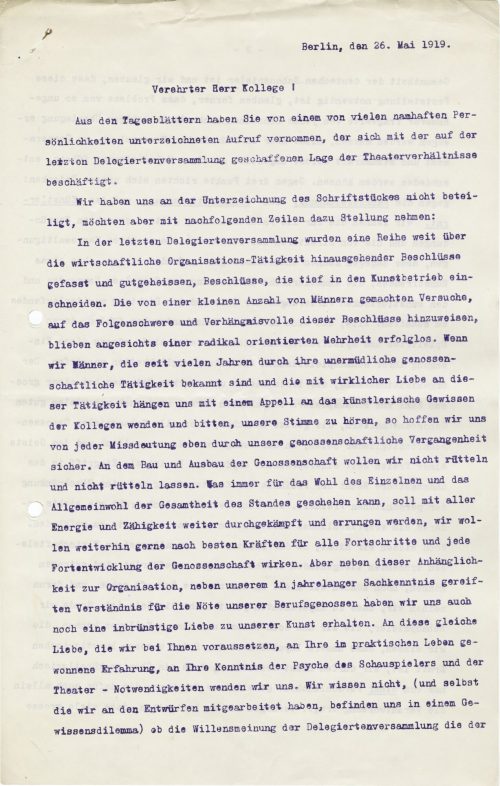 Brief (Seite 1) von Paul Bildt u.a. an einen unbekannten Empfänger, Berlin im Mai 1919