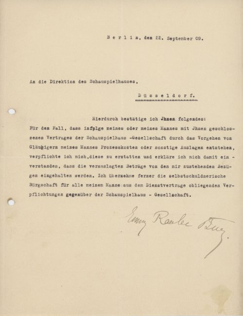 Korrespondenz Emmy Raabe-Burg an die Direktion des Schauspielhauses Düssedorf, September 1909