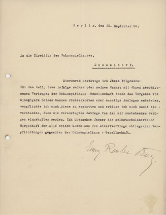 Korrespondenz Emmy Raabe-Burg an die Direktion des Schauspielhauses Düssedorf, September 1909