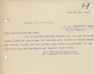 Korrespondenz Direktion Schauspielhaus Düsseldorf an Tilla Durieux, Mai 1926