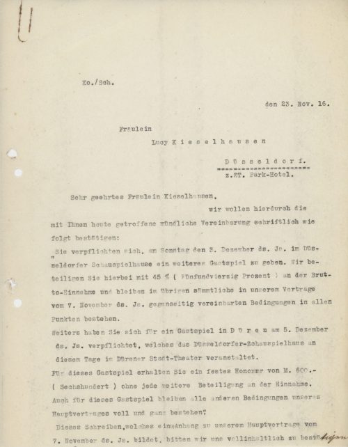 Korrespondenz Schauspielhaus Düsseldorf an Lucy Kieselhausen, November 1916