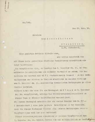 Korrespondenz Schauspielhaus Düsseldorf an Lucy Kieselhausen, November 1916