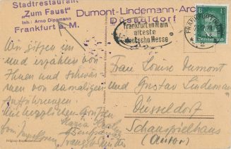 Postkarte von Traugott Müller u.a. an Gustav Lindemann und Louise Dumont, Frankfurt am Main 192 ...