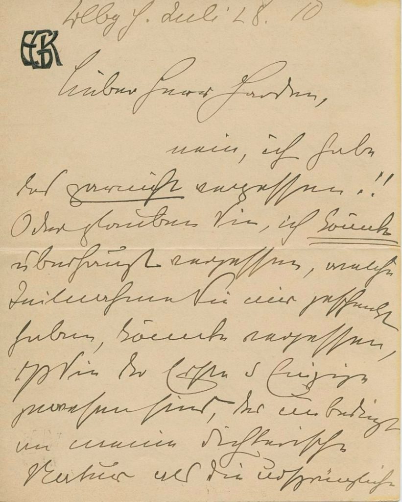 Brief von Elisabeth Gnauck-Kühne an Maximilian Harden, 1910, 1. Seite