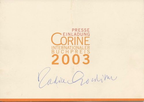 Autogramm von Nadine Gordimer auf einer Einladungskarte, 2003