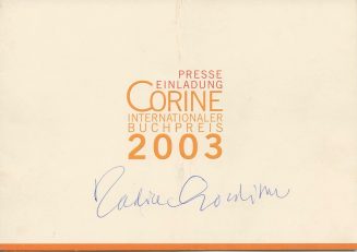 Autogramm von Nadine Gordimer auf einer Einladungskarte, 2003